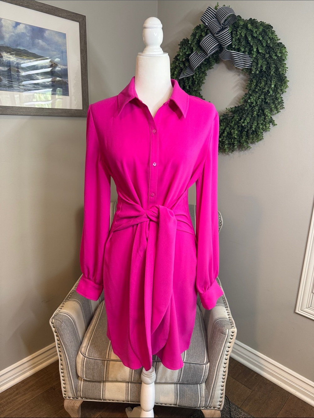 Trina Turk Hot Pink Tie-Waist Shirt Dress